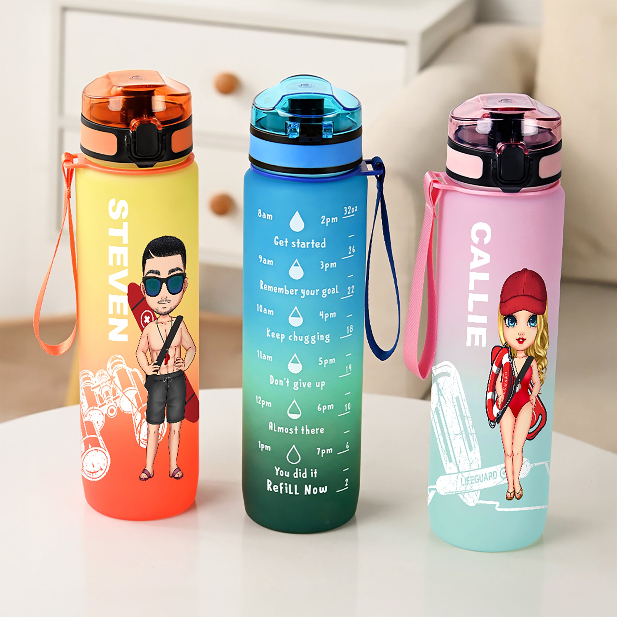 Personalizada de dibujos animados Salvavidas Equipo de Rescate Elemento 32 oz Gradiente Deporte Botella de Agua con Nombre y Marcador de Tiempo Gratitud Regalo de cumpleaños para los socorristas