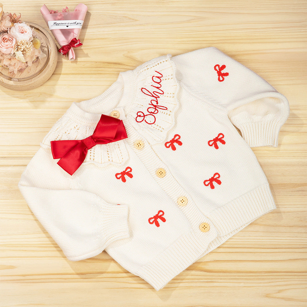 Coquette personalizado arco 100% algodón de manga larga de punto suéter de la chaqueta con el nombre bordado Baby Shower regalo de cumpleaños para las niñas del bebé