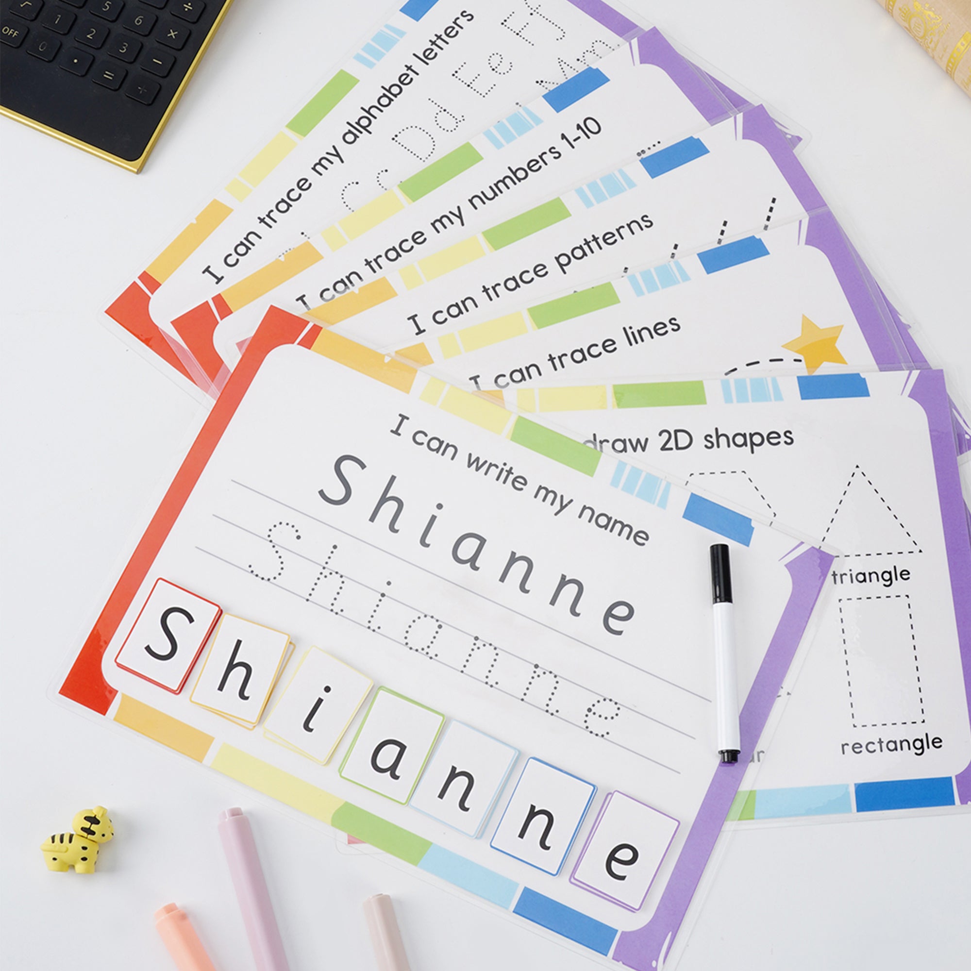 Tablero de caligrafía personalizado con el arco iris para escribir el nombre, laminado, para aprender en casa Herramienta didáctica Regalo para niños Niñas