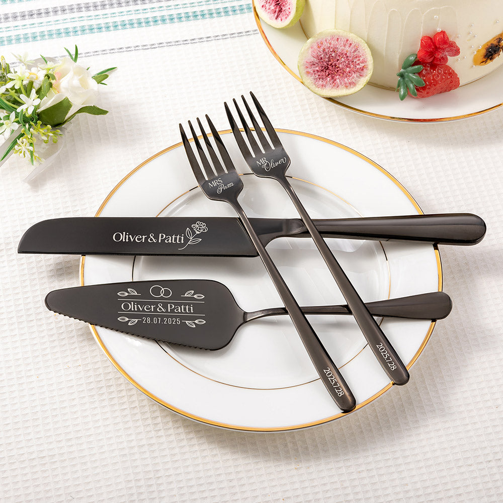 Personalizado 4Pcs Grabado Nombre Fecha Boda Cake Cutting Set con Cuchillo Tenedores Cake Espátula Aniversario Fiesta Nupcial Boda Regalo para Pareja Recién Casados