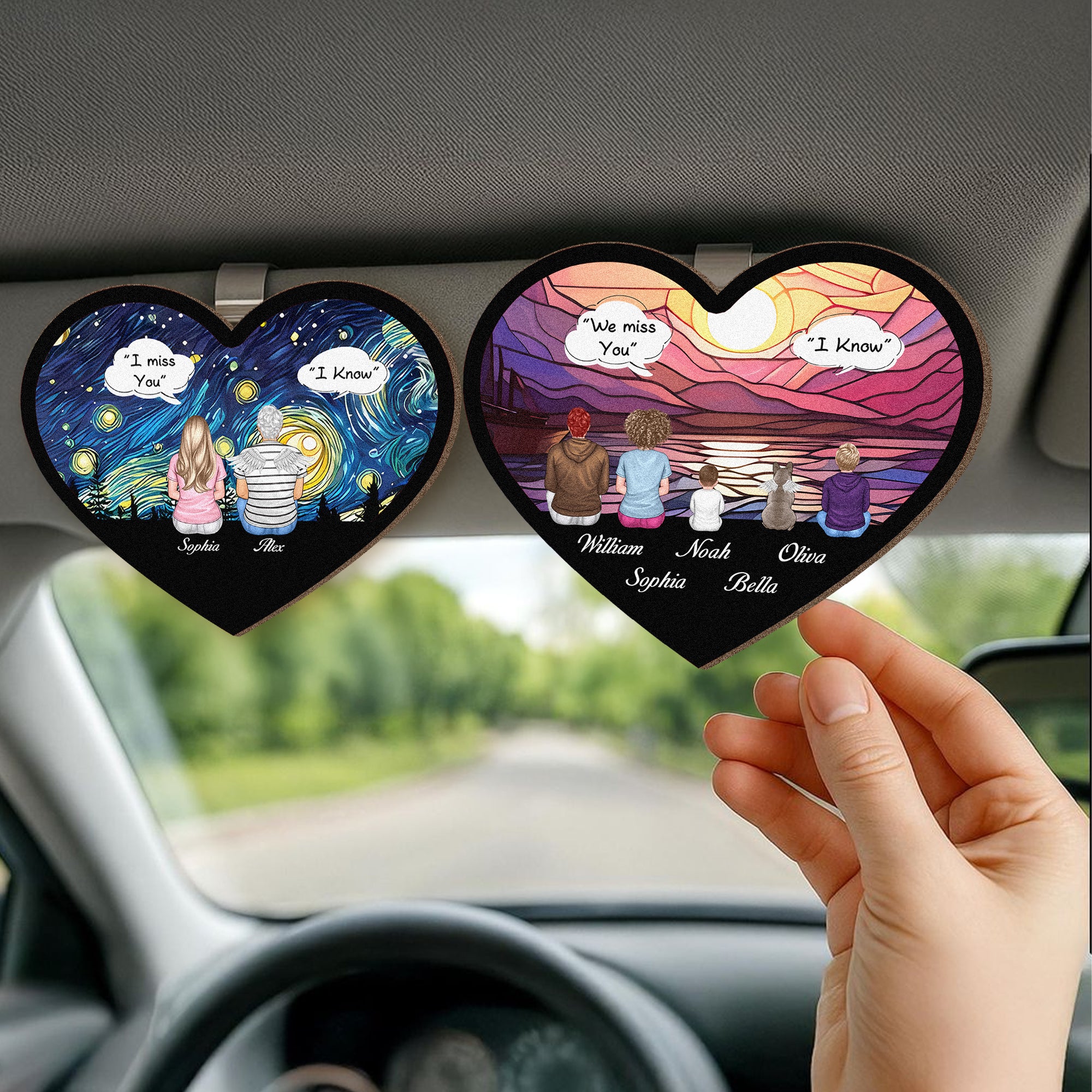 Personalizado en forma de corazón Figuras de la familia Wing Back View Visera del coche Clip con el nombre del coche Accesorio Cumpleaños Aniversario Regalo para amigos de la familia