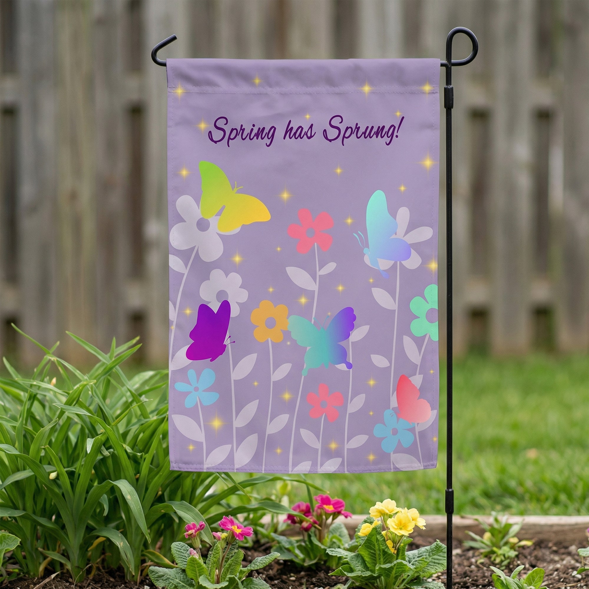 Bandera de jardín de flores de primavera con mariposa de colores personalizada con texto Decoración de jardín Día de Acción de Gracias Temporada de primavera Regalo para amigo de la familia