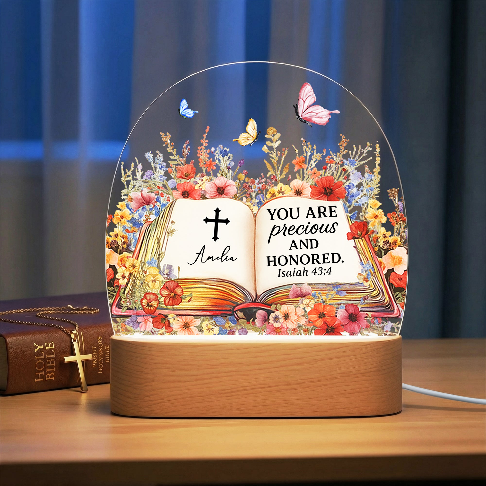 Luz nocturna LED con versículo bíblico floral personalizado con nombre y base de madera Decoración de habitación Regalo de cumpleaños cristiano para niño cristiano