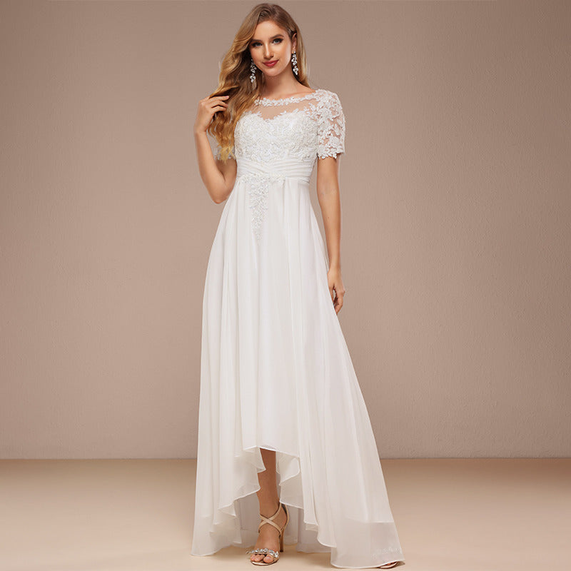 Bridal Wedding Dress Ivory Short Sleeve Asymmetrical Boat Neck A-line