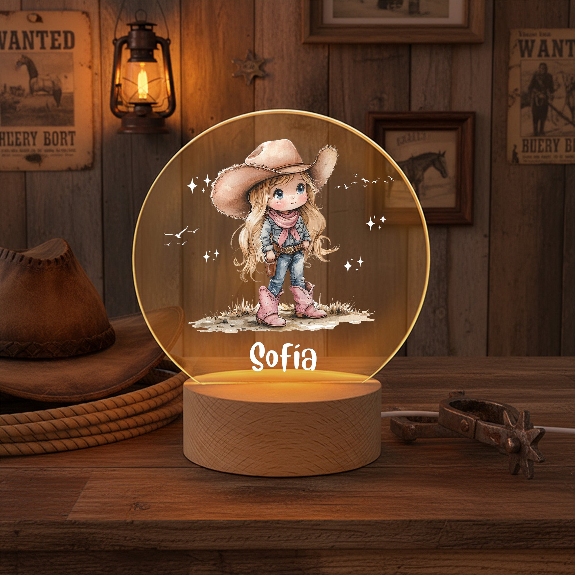 Luz nocturna LED personalizada de vaquerita con nombre y base de madera para decoración de habitación regalo de cumpleaños o Navidad para niñas
