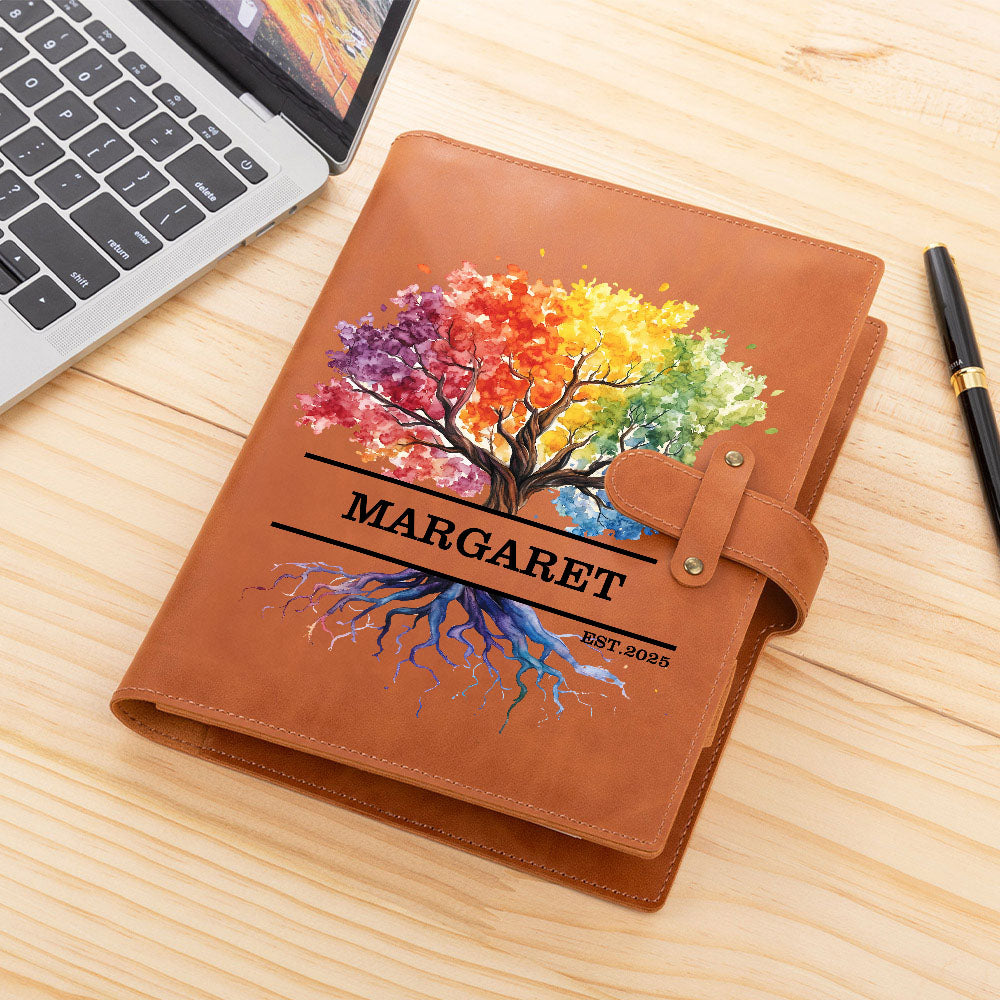 Árbol de la vida arco iris personalizado Funda de cuaderno A5 de cuero de PU con texto y fecha Regalo de cumpleaños para familiares