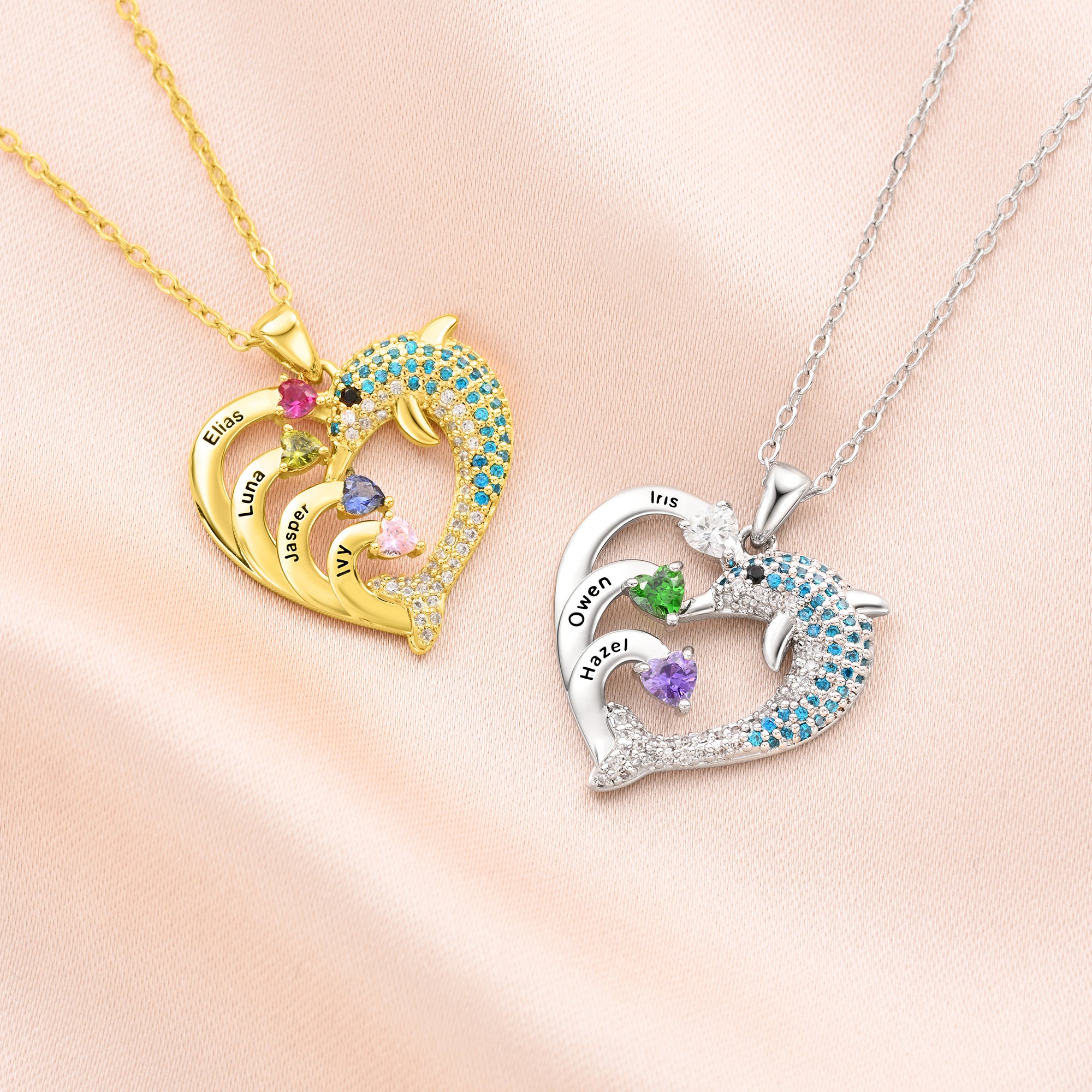 Personalizado 1-7 Birthstones Corazón Dolphin Zircon Collar con nombres grabados Joyería Exquisita Cumpleaños Día de la Madre Regalo para Mujeres Mamá Esposa