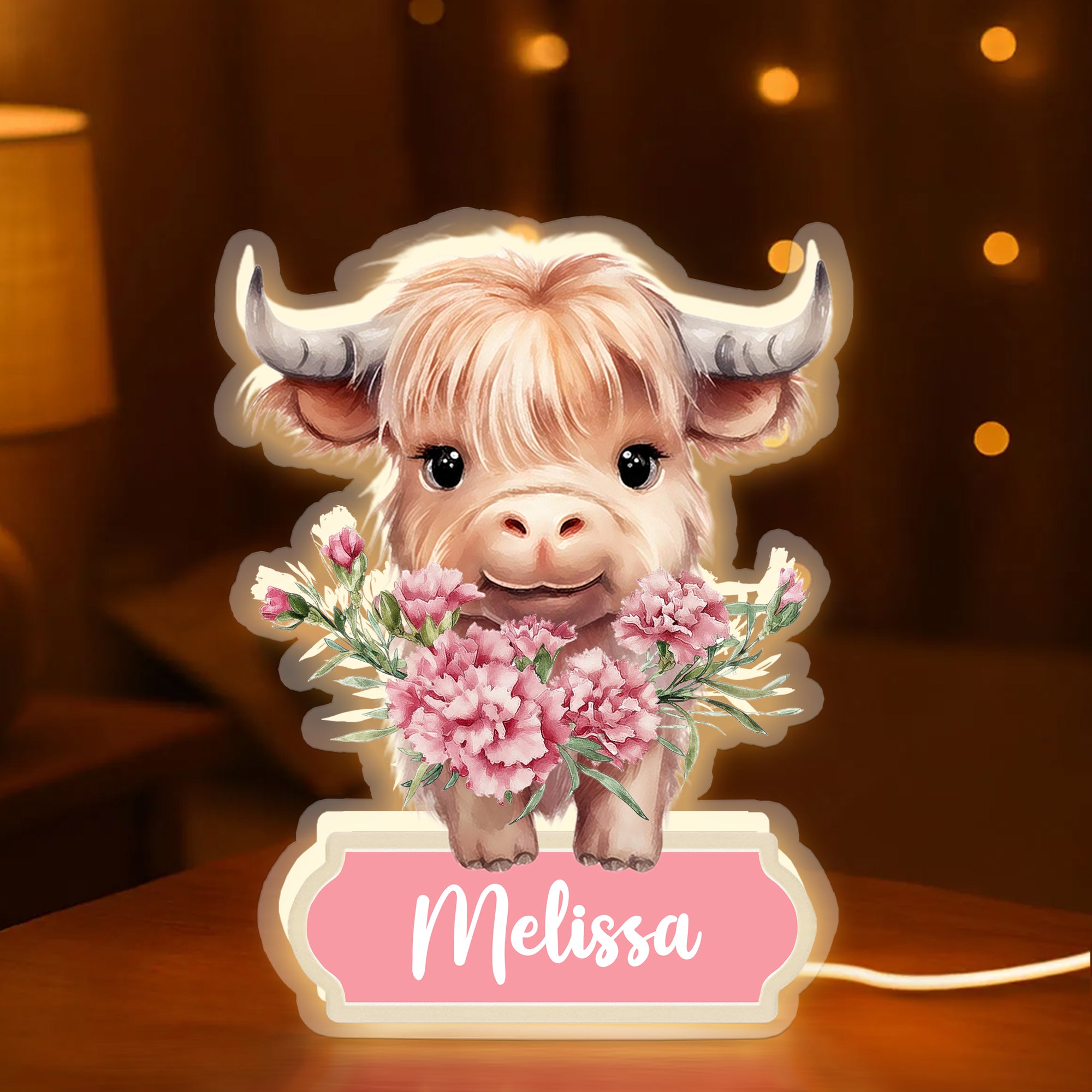 Personalizado Highland Vaca Nacimiento Flor LED acrílico Luz de Noche con Nombre Decoración de la habitación Cumpleaños Día del Niño Regalo para Niños Niñas