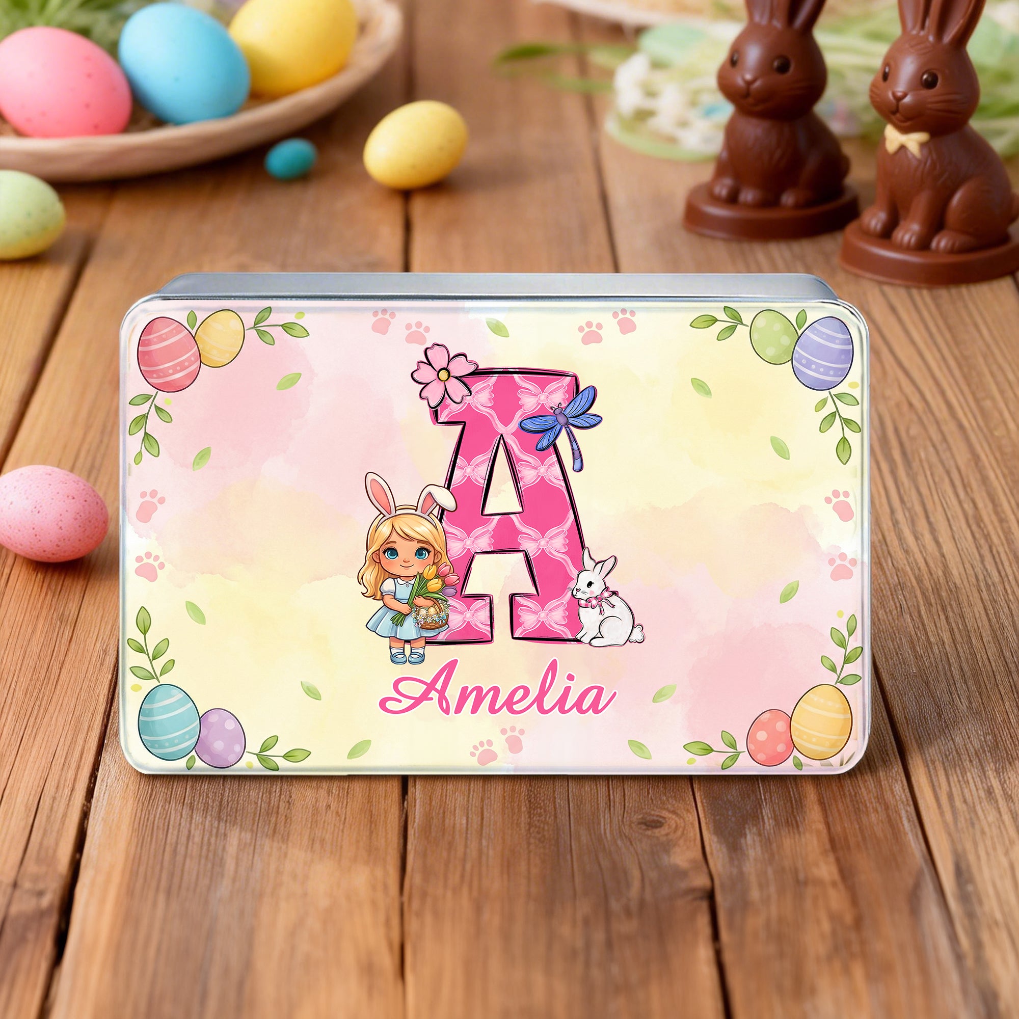 Conejito personalizado de dibujos animados con orejas Caja de lata con iniciales y nombre Regalo de Pascua para niños y niñas