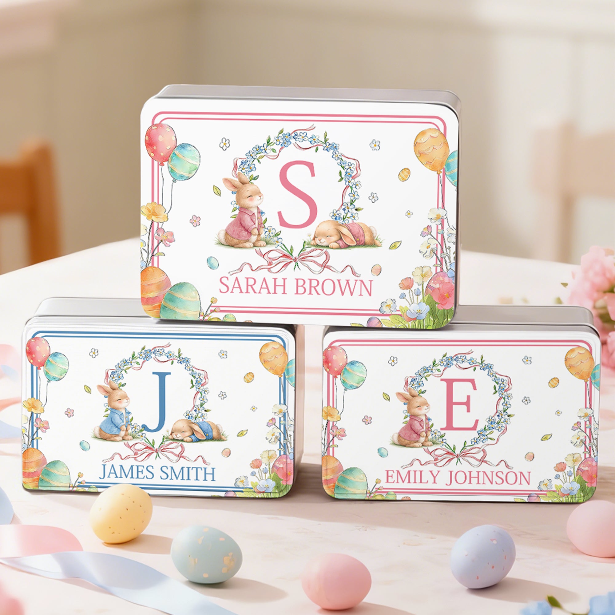 Personalizado lindo conejito corona de Pascua huevo galleta caja de estaño con el texto de almacenamiento de accesorios de Pascua regalo del partido para los niños niñas