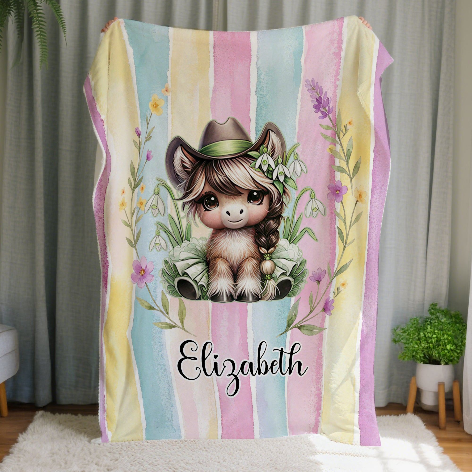 Personalizado de dibujos animados Vaquera Caballo Nacimiento Flor Suave manta con nombre Decoración del hogar Regalo de cumpleaños para las niñas amantes de los caballos