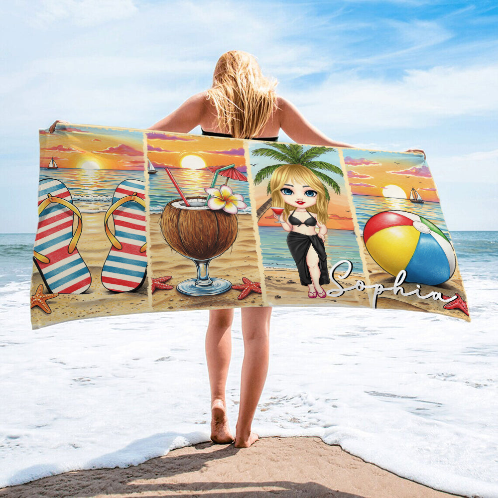 Toalla de playa personalizada con nombre Summer Vibes Cartoon Beach Girl Quick Dry Oversized Soft Beach Towel Regalo de cumpleaños para mujer Summer Travel Essentials
