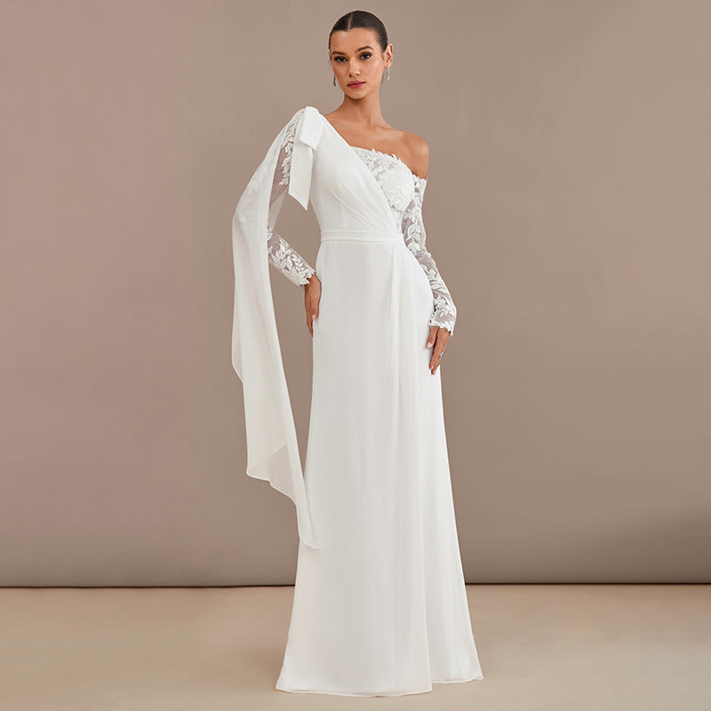 Bridal Wedding Dress Ivory Long Sleeve Long One Shoulder Sheath