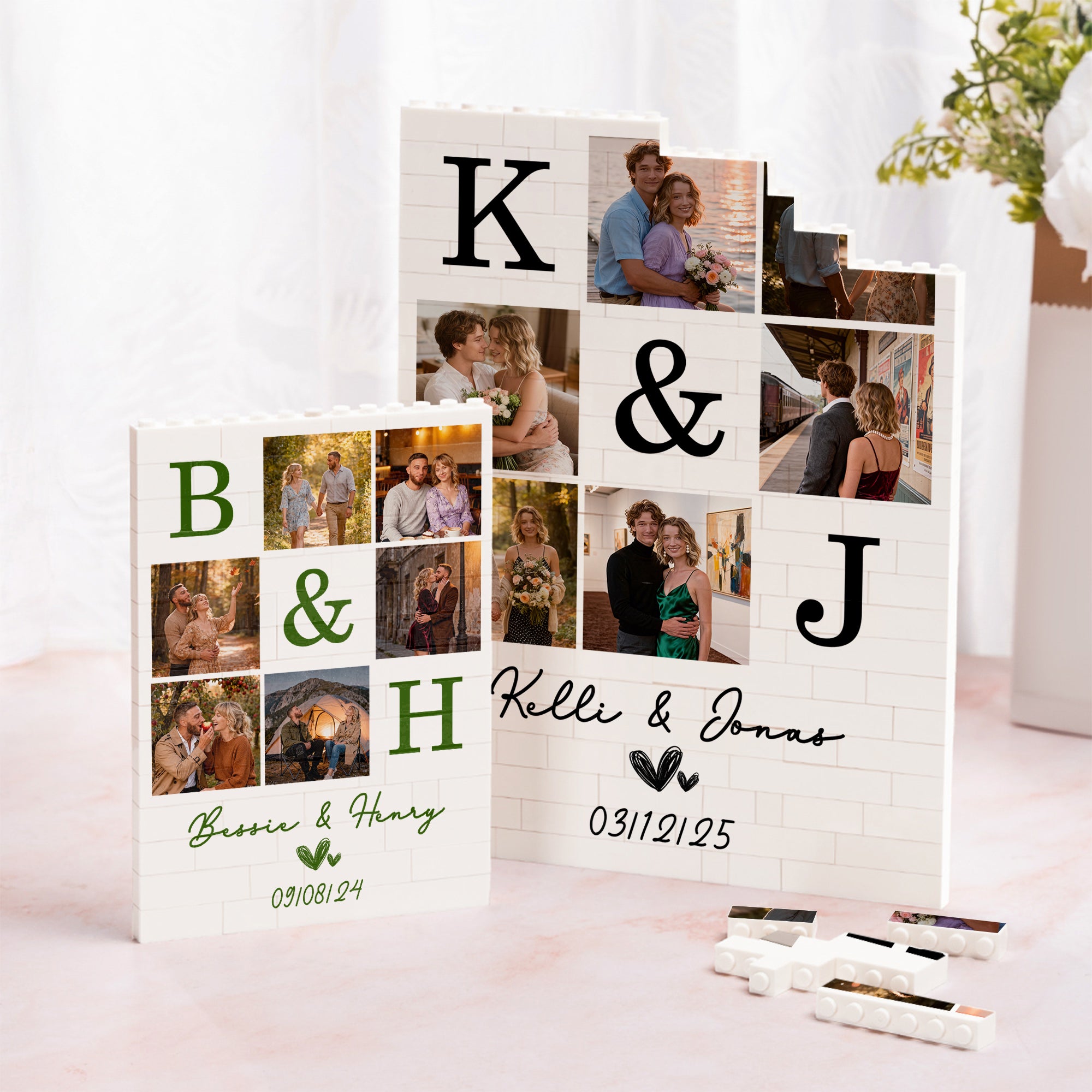 Collage personalizado de 6 fotos Rompecabezas de ladrillos con nombres e iniciales Decoración para el hogar Regalo de aniversario de San Valentín para parejas