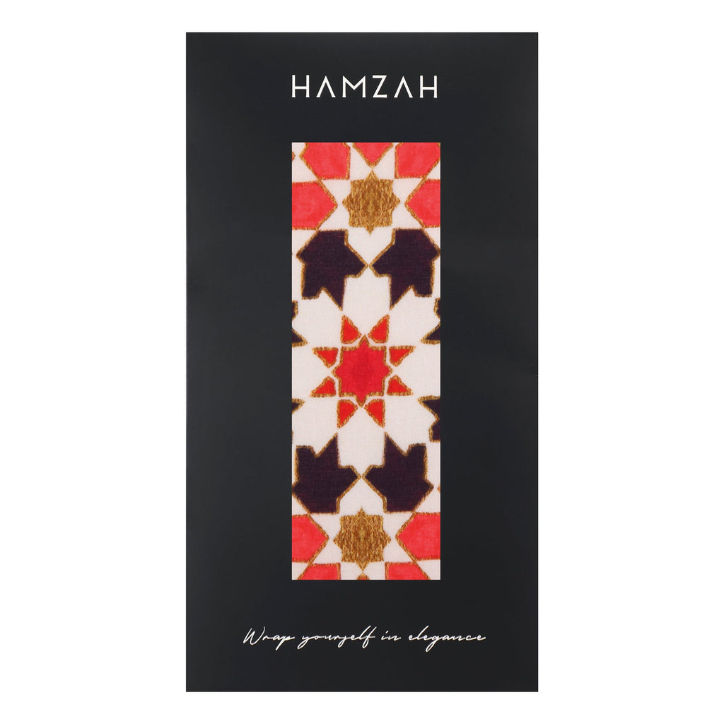 Red Silk Scarf with Islamic Art Print Alhambra