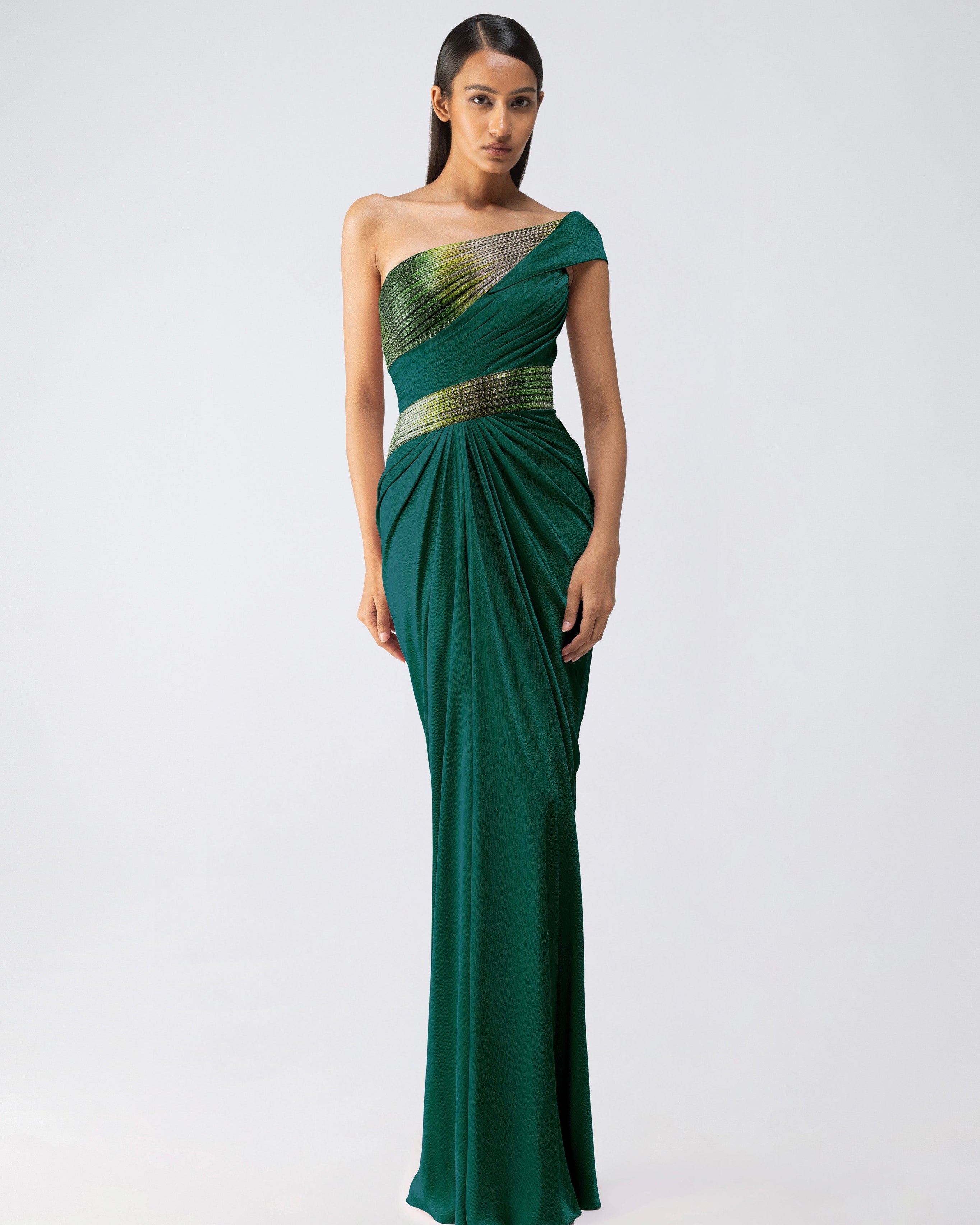 Green Metallic Glitch Gown By KYNAH, Luxury Indian Fashion & Bridal Wear