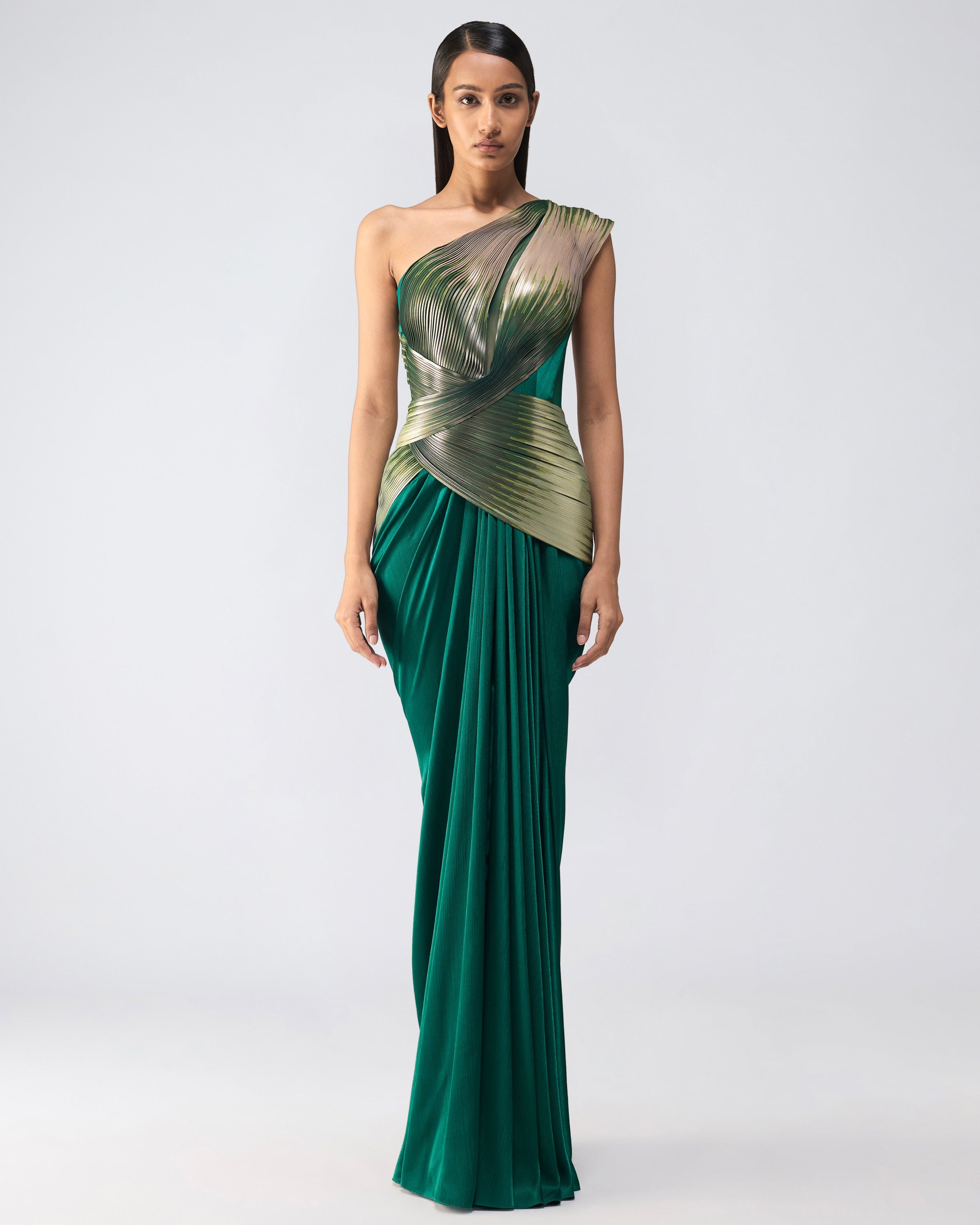 Emerald Metallic Glitch Gown By KYNAH, Luxury Indian Fashion & Bridal Wear