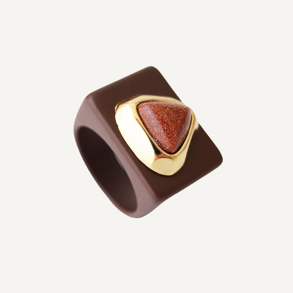 Anillos grandes mujer marrón con piedra natural [ Glitter]