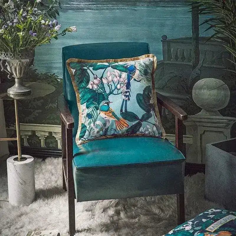 Bird Flora Luxury Velvet Pillow Cover with Tassel 18"