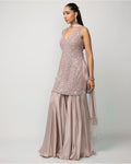 Ash Pink Satin Sharara Set By KYNAH, Luxury Indian Fashion & Bridal Wear