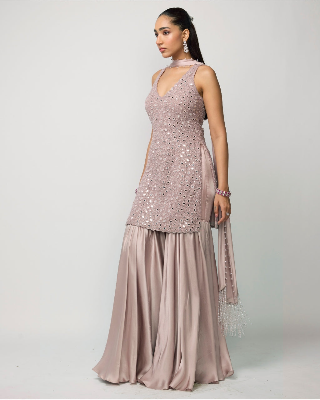 Ash Pink Satin Sharara Set By KYNAH, Luxury Indian Fashion & Bridal Wear