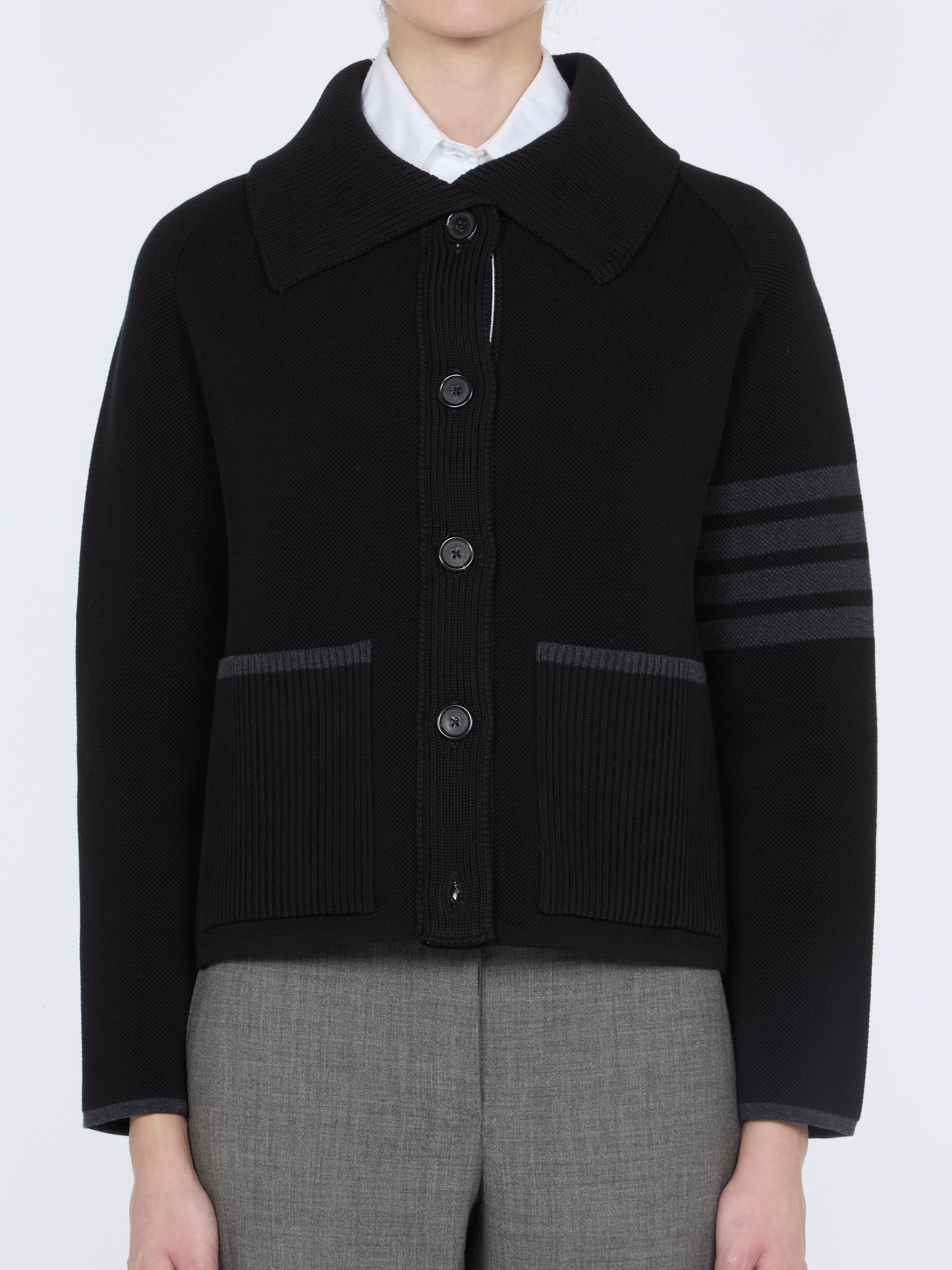 Thom Browne 4-Bar Striped Double-Knit Cotton Wool Jacket — Black