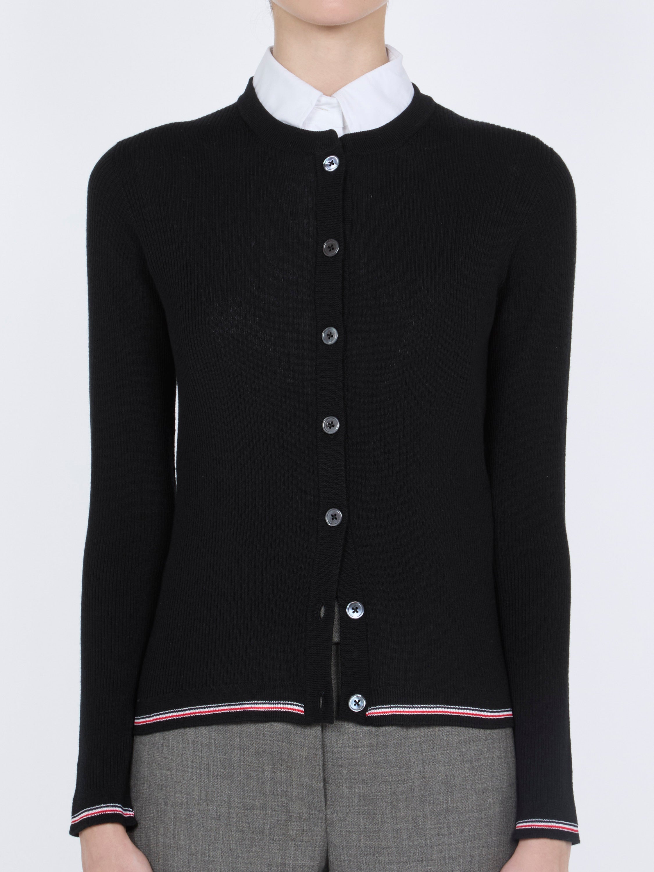 Thom Browne Ribbed Merino Wool with RWB Stripe Trim Cardigan — Black