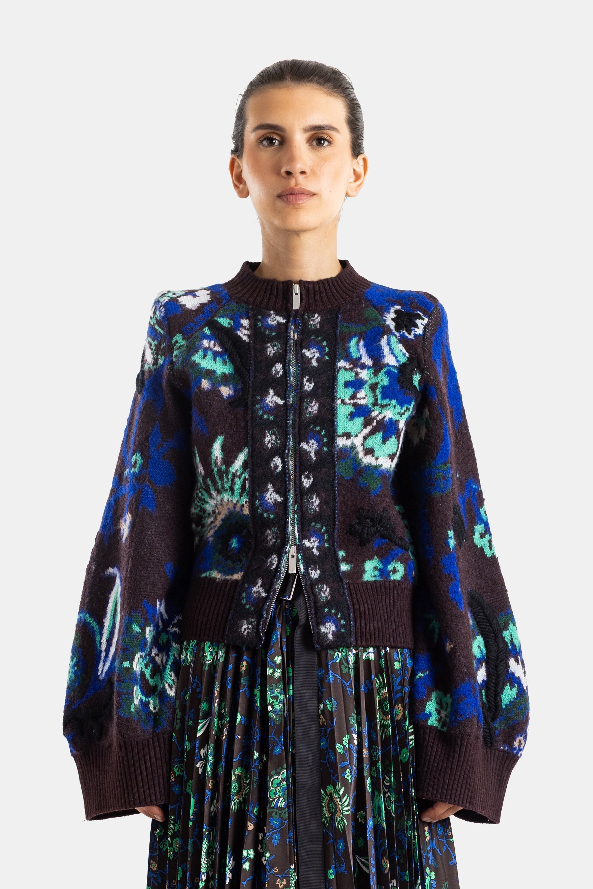 Sacai Floral Jacquard Knit Jacket — Brown
