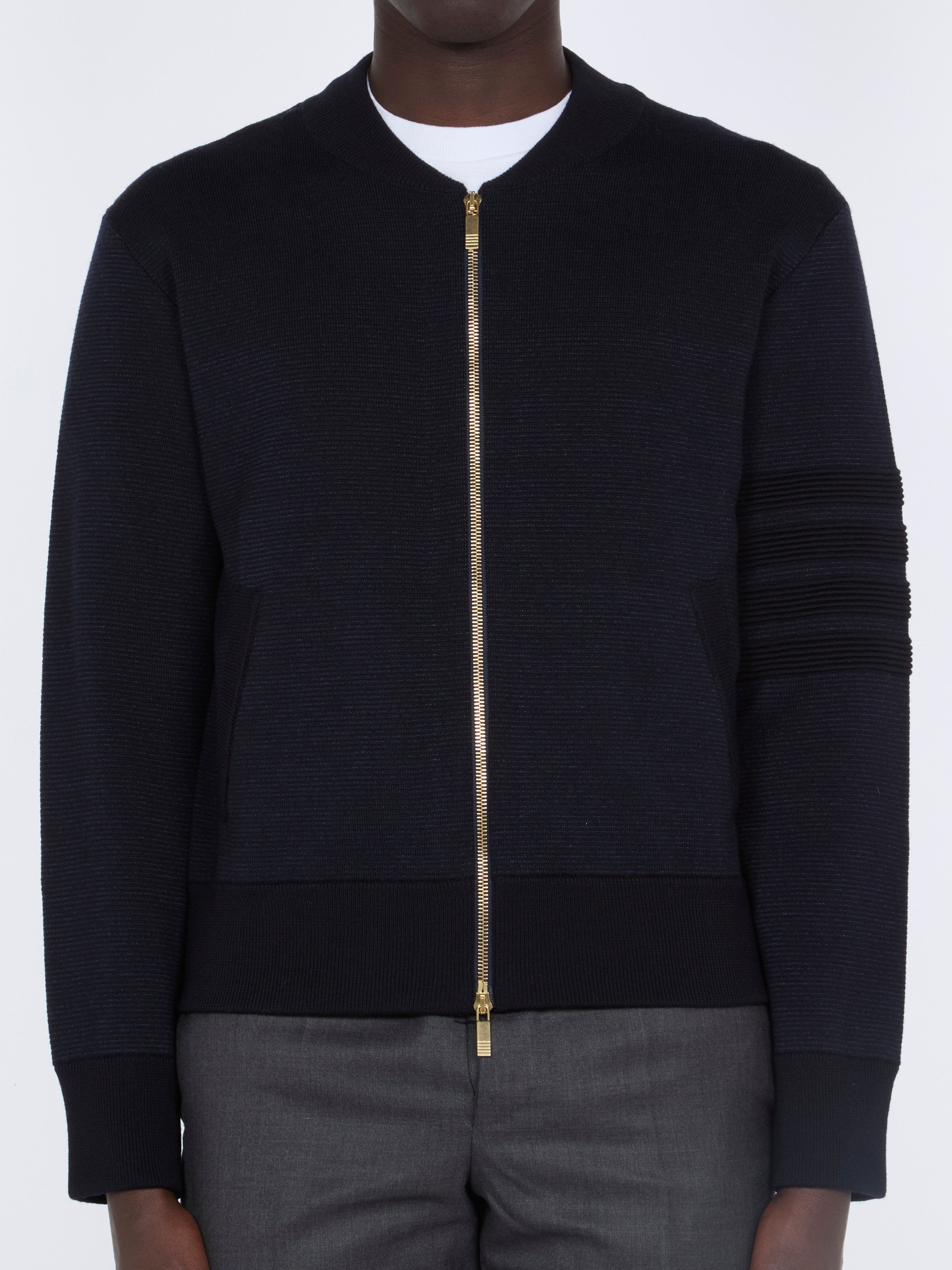 Thom Browne Merino Wool Zip-Up Bomber Jacket — Navy