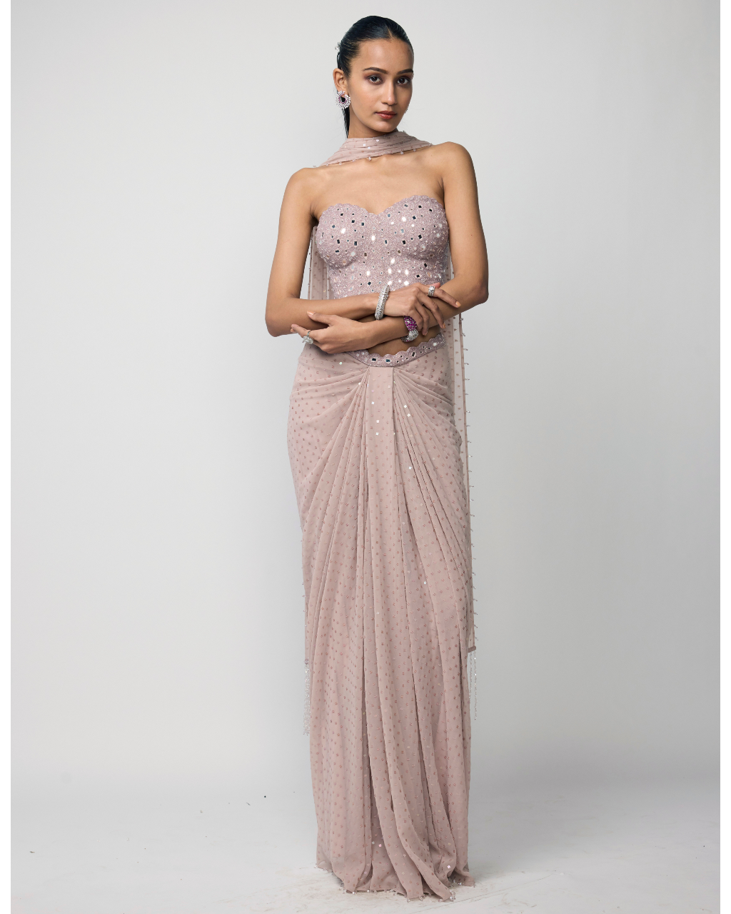 Ash Pink Draped Sequins Embroidered Skirt Set By KYNAH, Luxury Indian Fashion & Bridal Wear