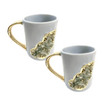 Aqua Quartz Marbled Gray Ceramic Coffee Mug with Gold Handle - Set of 2