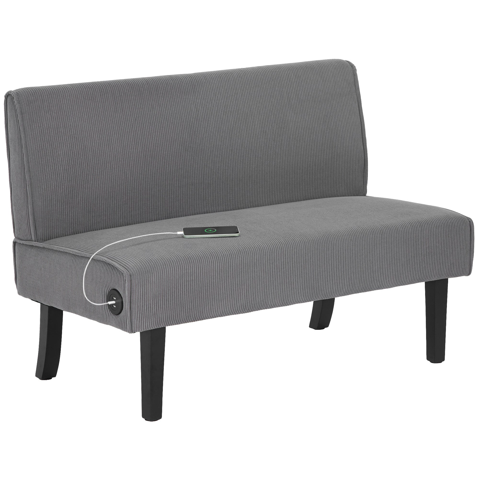 46.5" Loveseat 2-Seater Corduroy Sofa with Rubber Wood Legs & USB/USB-C Ports Grey