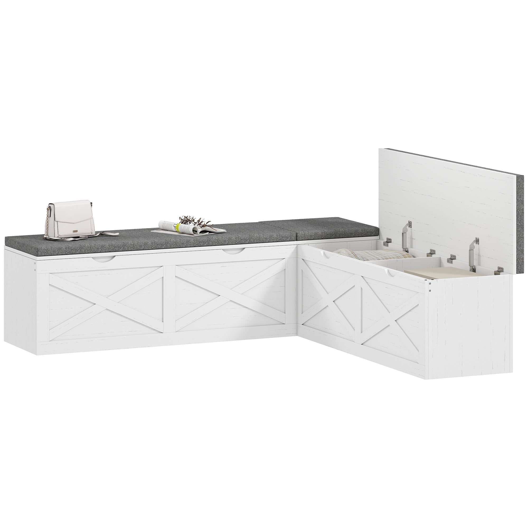 L-Shaped Shoe Bench with Cushion, 5 Soft-Close Storage Compartments, White
