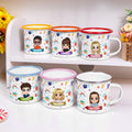 Taza de esmalte con borde de color de 12 oz personalizada con el nombre Crayon lindo personaje de dibujos animados de cumpleaños de vuelta a la escuela de regalo para los niños de las niñas
