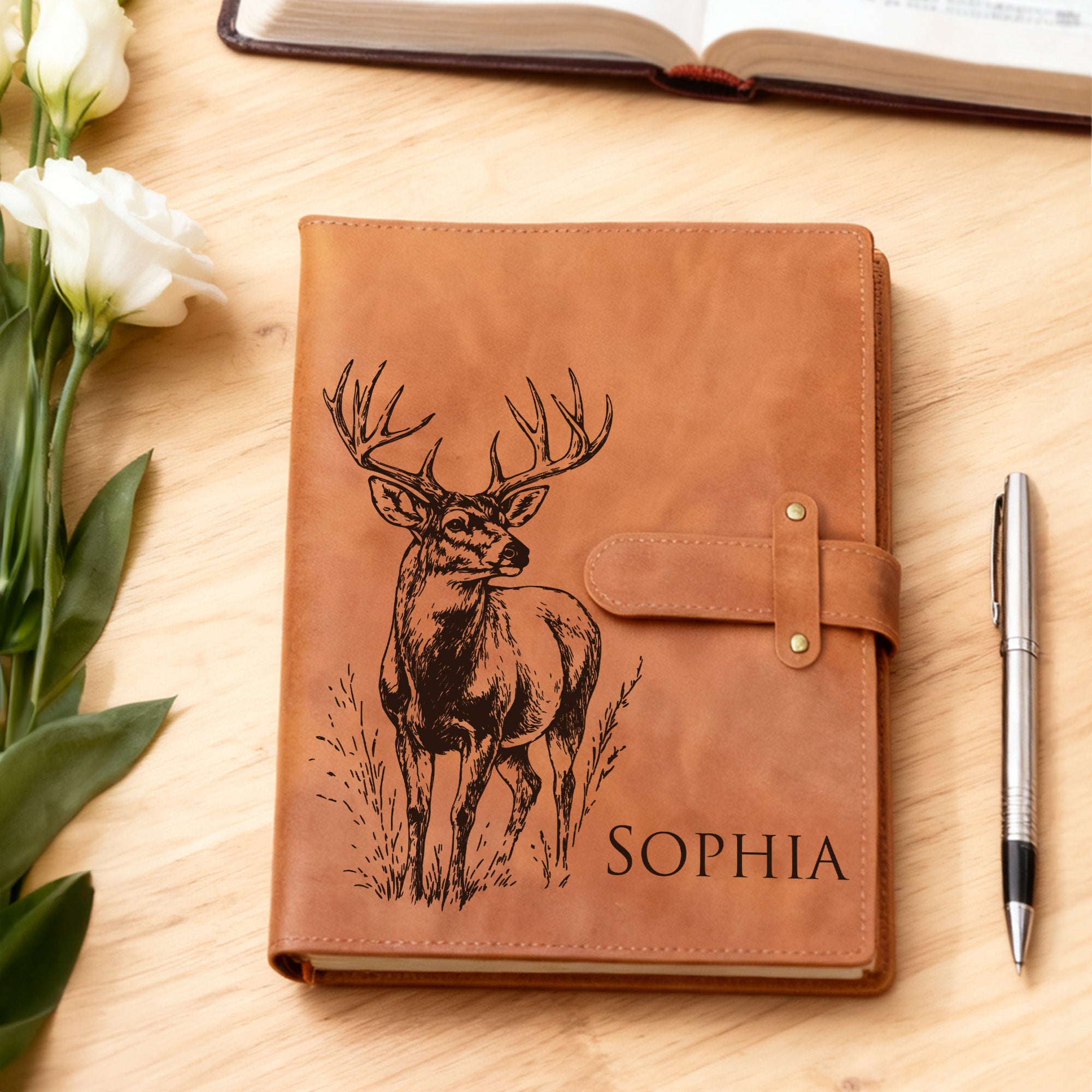 Personalizada Pato Ciervo Nombre PU Cuero A5 Cubierta del cuaderno con bolsillo de almacenamiento Cumpleaños Regalo de Navidad para la Familia Amigos Cristianos Creyentes