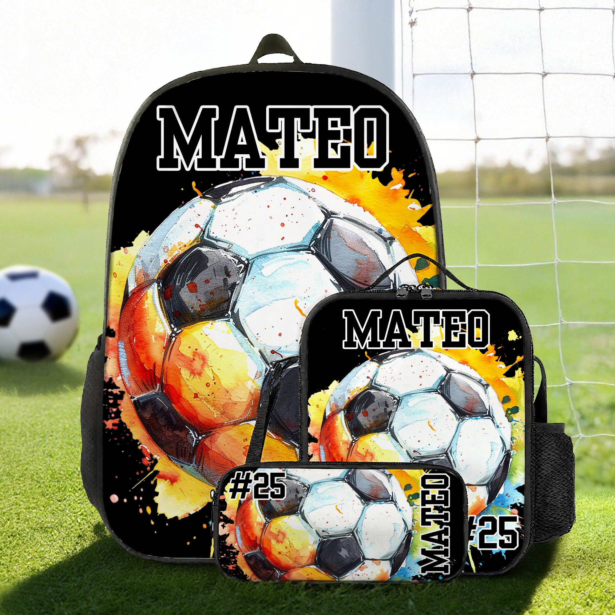 Acuarela personalizada Fútbol Rugby Mochila Bolsa de almuerzo Estuche con nombre Número de vuelta a la escuela Equipo Día de Entrenamiento Cumpleaños Regalo para Niños Niñas