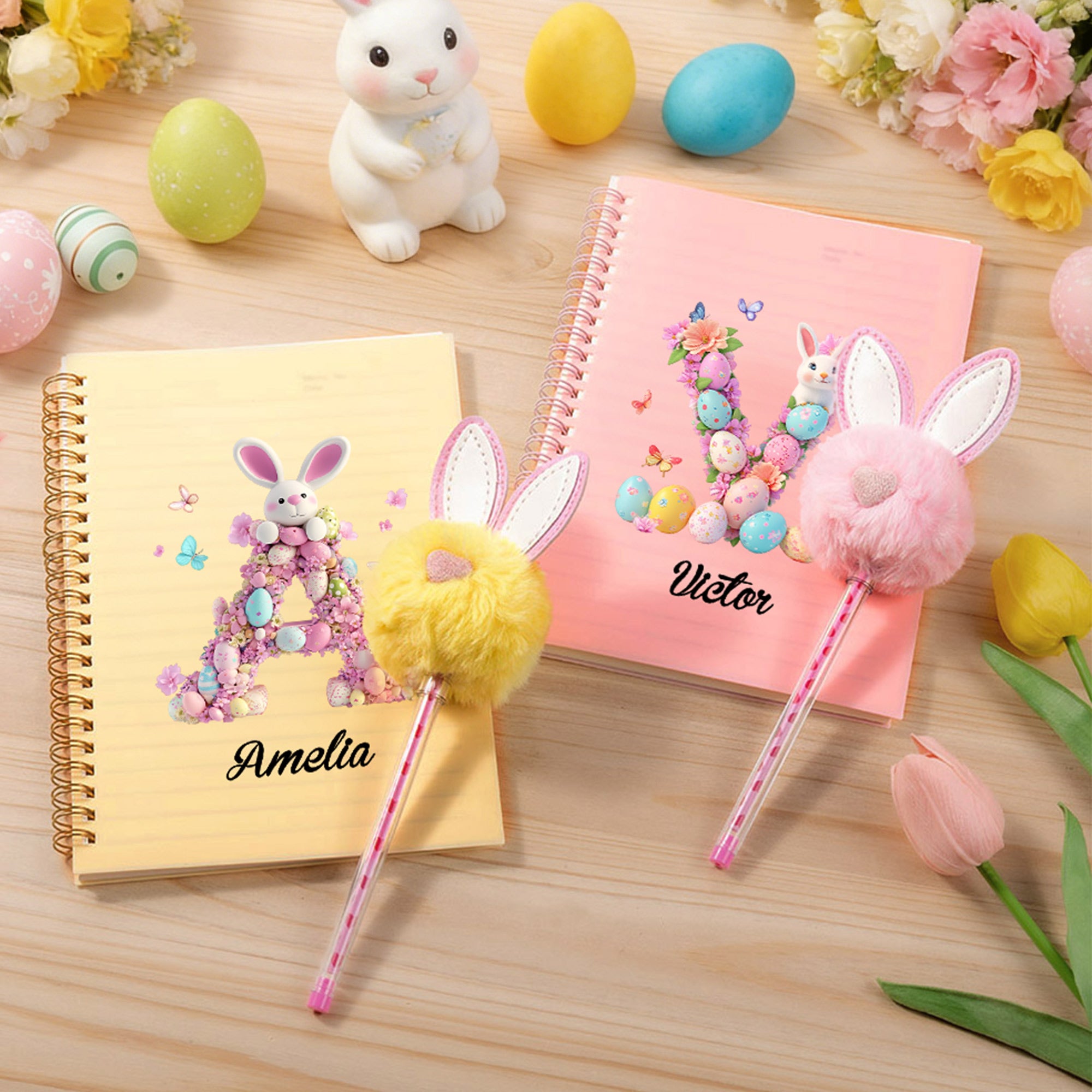 Huevos de Pascua personalizados Nombre del conejito A5 Cuaderno de espiral y Pom Puff Pen Set con 156 páginas rayadas Pascua Fiesta Regalo para Niños Niñas