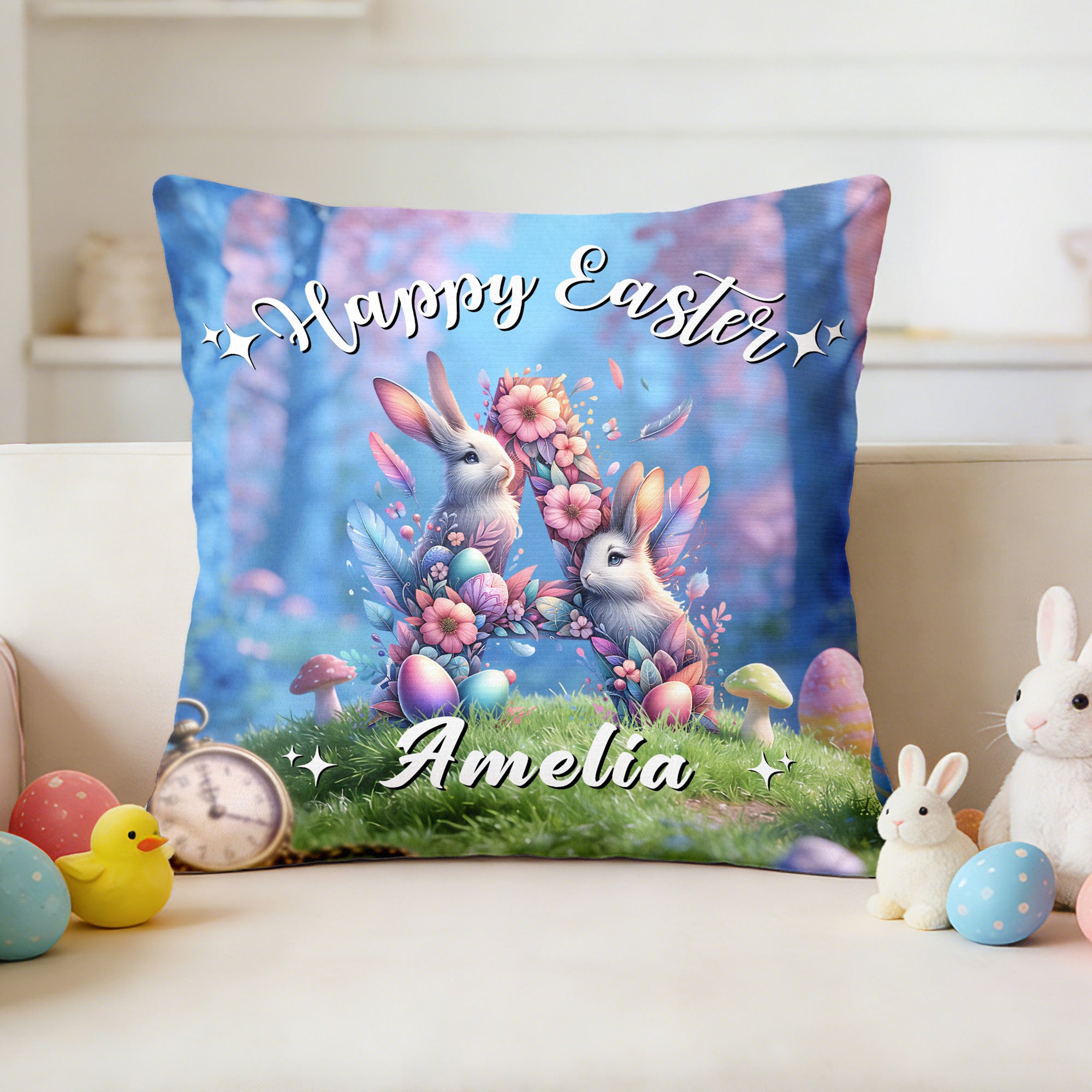Personalizado Lindo Conejo de Pascua Inicial Bosque Huevo de Pascua Funda Almohada con Nombre Decoración del Hogar Pascua Regalo para la Familia Niños