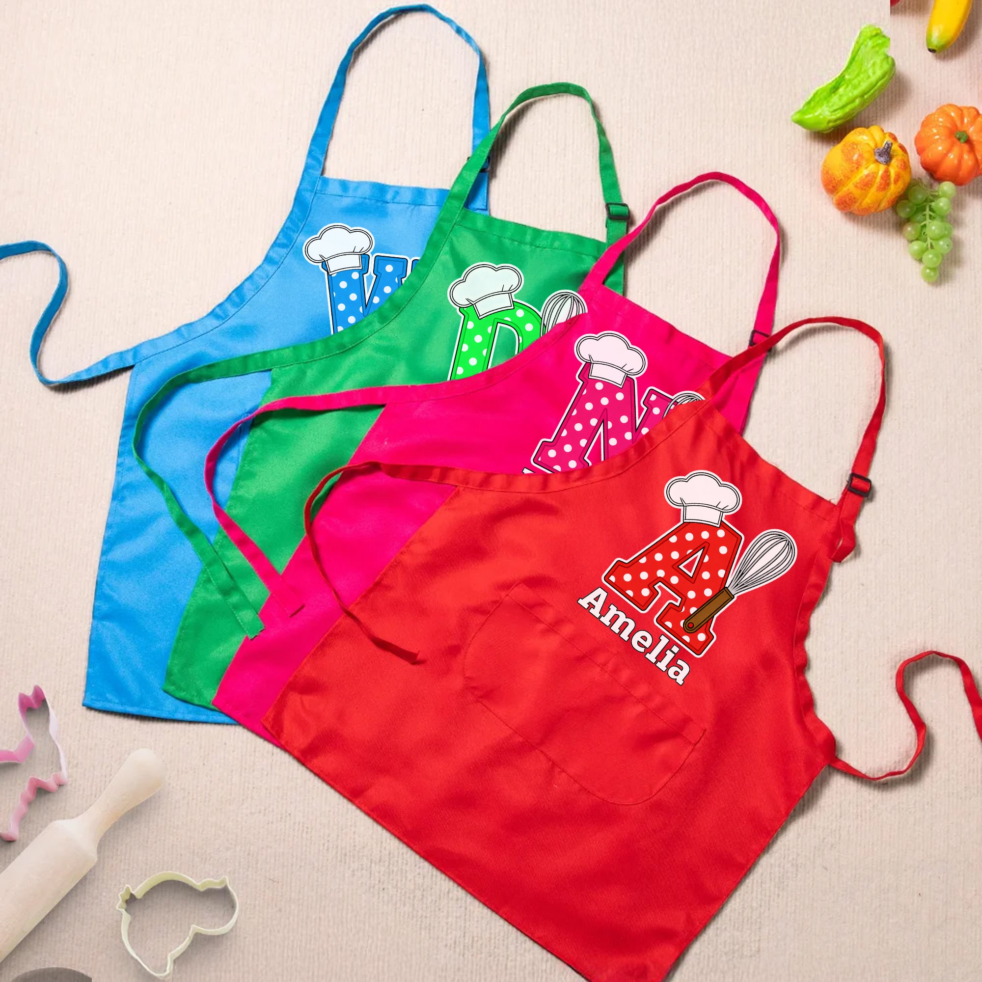 Delantal de cocina con nombre y bolsillo para niños, regalo de cumpleaños para niños y niñas.