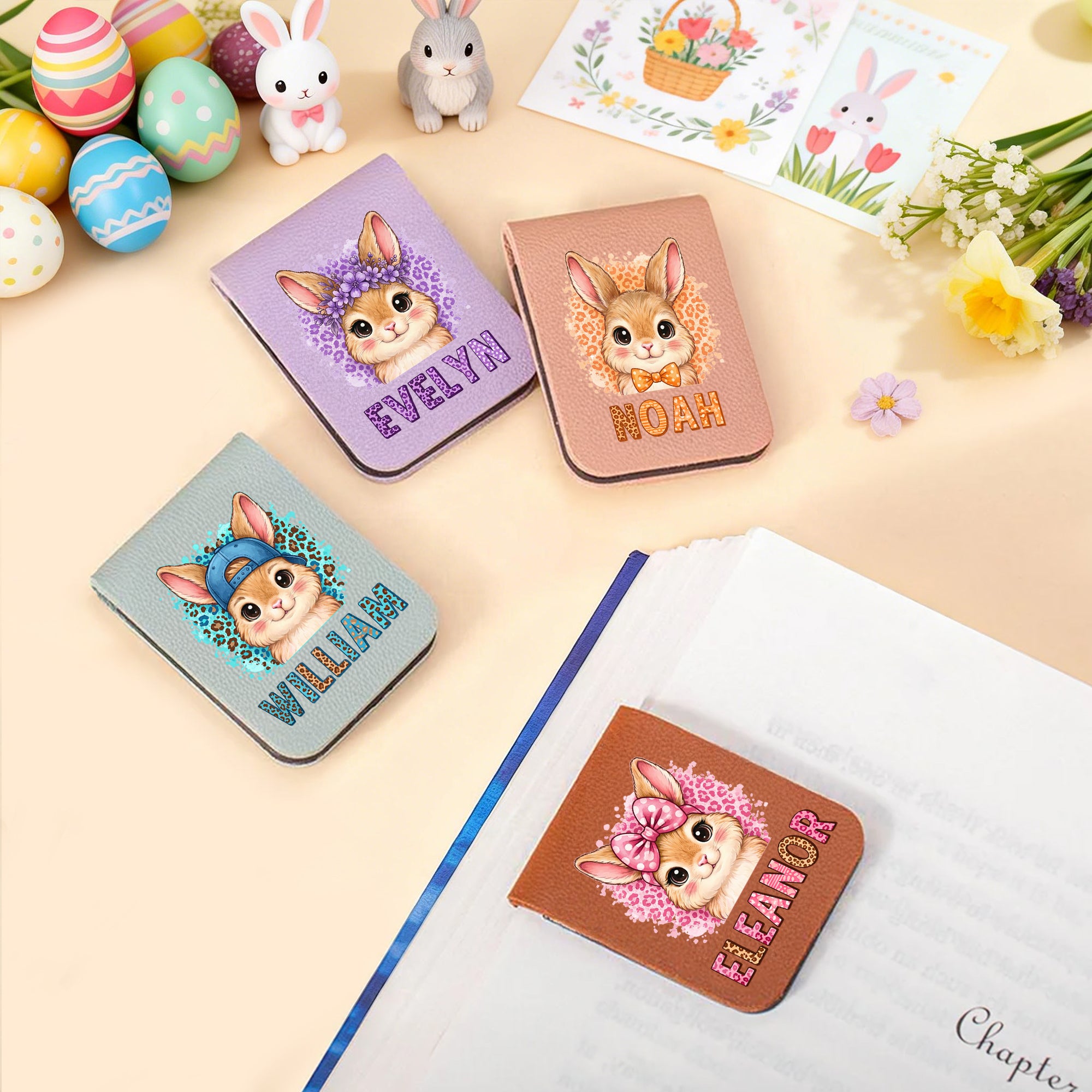 Leopardo personalizado de dibujos animados de conejo multicolor magnético de cuero de la PU Marcapáginas con nombre de cumpleaños de Pascua de regalo para los niños ratones de biblioteca