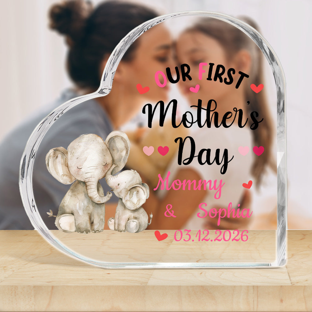 Personalizado lindo elefante oso animal en forma de corazón placa de acrílico con el nombre y la fecha de decoración de escritorio cumpleaños primer regalo del Día de la Madre para la mamá recién naci