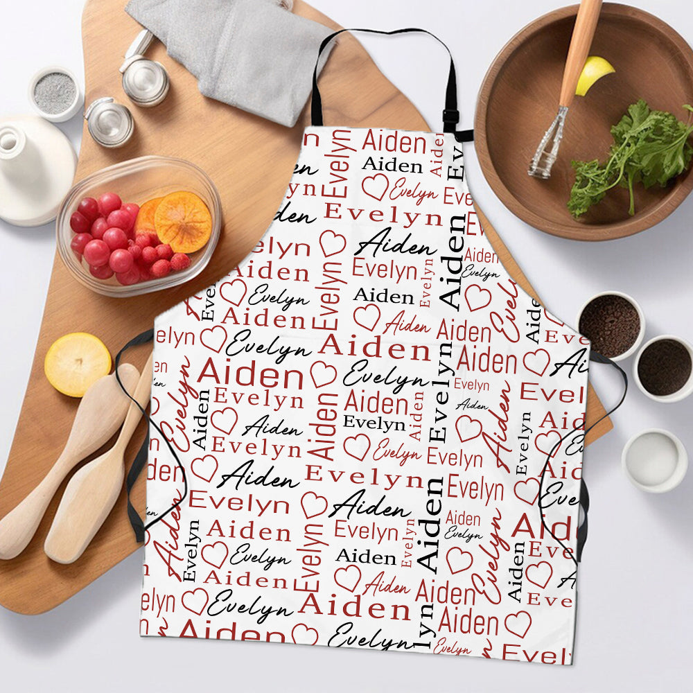 Delantal impermeable personalizado a todo color con repetición de nombres en forma de corazón ajustable con bolsillo Regalo de cumpleaños de San Valentín para pareja amante de la cocina
