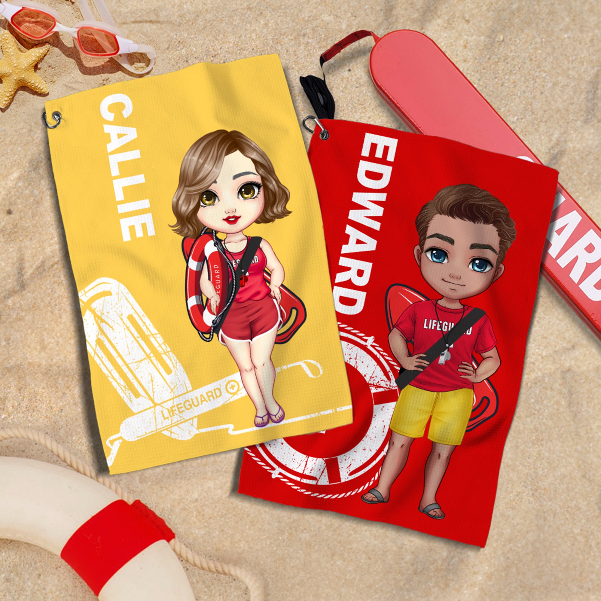 Toalla deportiva personalizada con nombre de socorrista de dibujos animados Superabsorbente Waffle Summer Vacation Birthday Appreciation Gift for Swim Lovers