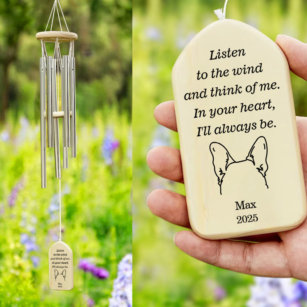 Carillón de viento personalizado con silueta de orejas de perro y placa de madera con nombre y fecha Regalo de condolencia por la pérdida de una mascota
