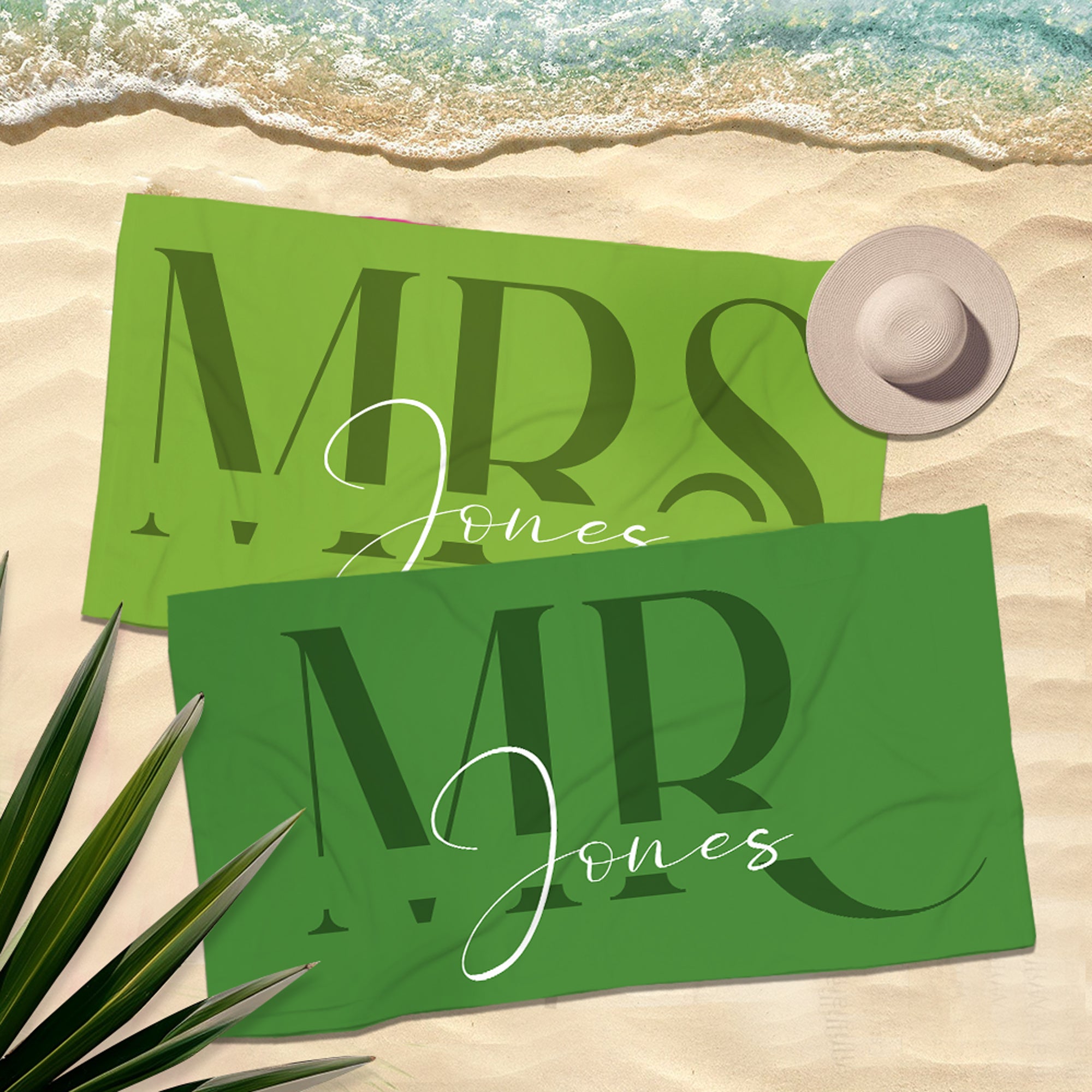 Juego de 2 toallas de playa personalizadas con el apellido de los novios, de secado rápido, para luna de miel y viaje de novios.