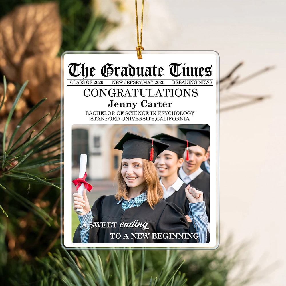 Personalizado The Graduate Times Class of 2026 Adorno acrílico con foto, nombre y texto Fiesta de graduación Conmemoración Regalo para graduados
