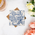 Posavasos cuadrado de cerámica personalizado estilo retro francés Toile de Jouy con inicial y nombre Regalo de compromiso para recién casados Pareja