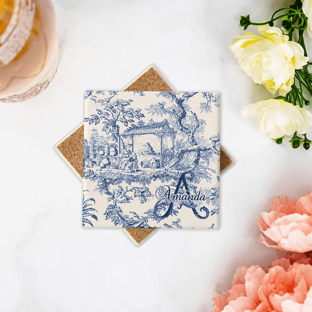 Posavasos cuadrado de cerámica personalizado estilo retro francés Toile de Jouy con inicial y nombre Regalo de compromiso para recién casados Pareja