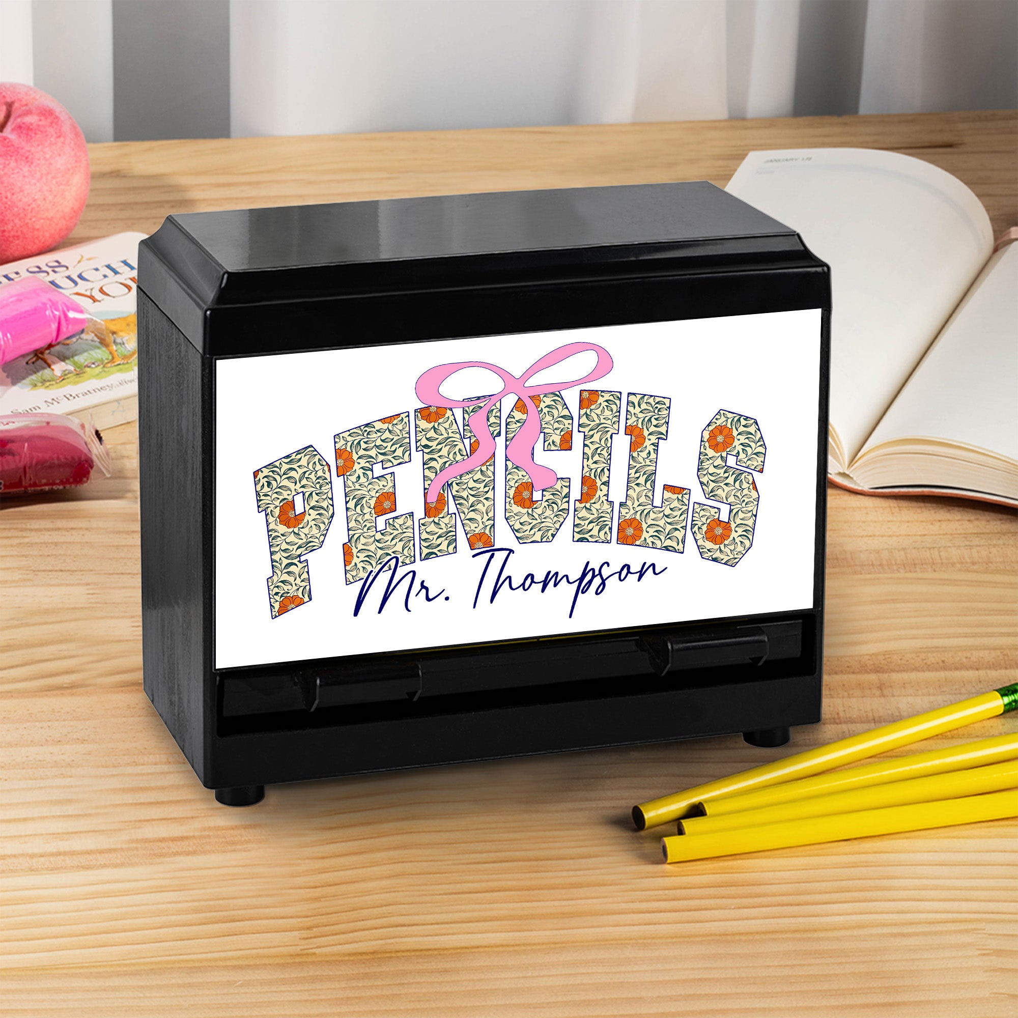 Dispensador de lápices personalizado con lazo rosa de estilo chino y texto Decoración del aula Regalo de agradecimiento por la vuelta al cole para el profesor