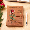 Personalizado Dios dice que eres Nacimiento Flor A5 PU cubierta de cuero cuaderno con nombre y bolsillo Cumpleaños Bautizo Regalo para Cristiano